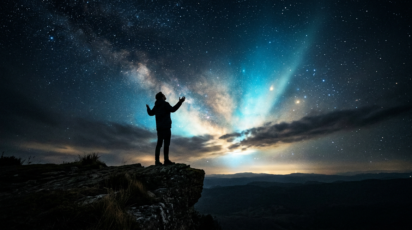 A figure on a cliff reaching toward a vast starlit sky — the chance of possibility